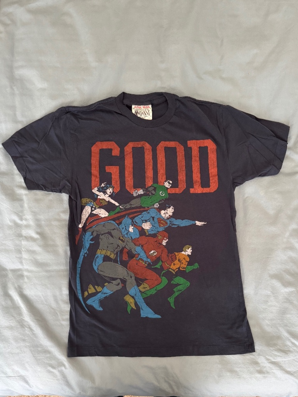Junk Mail "Good vs Evil" Superhero Graphic Tee - Navy Blue - Medium
